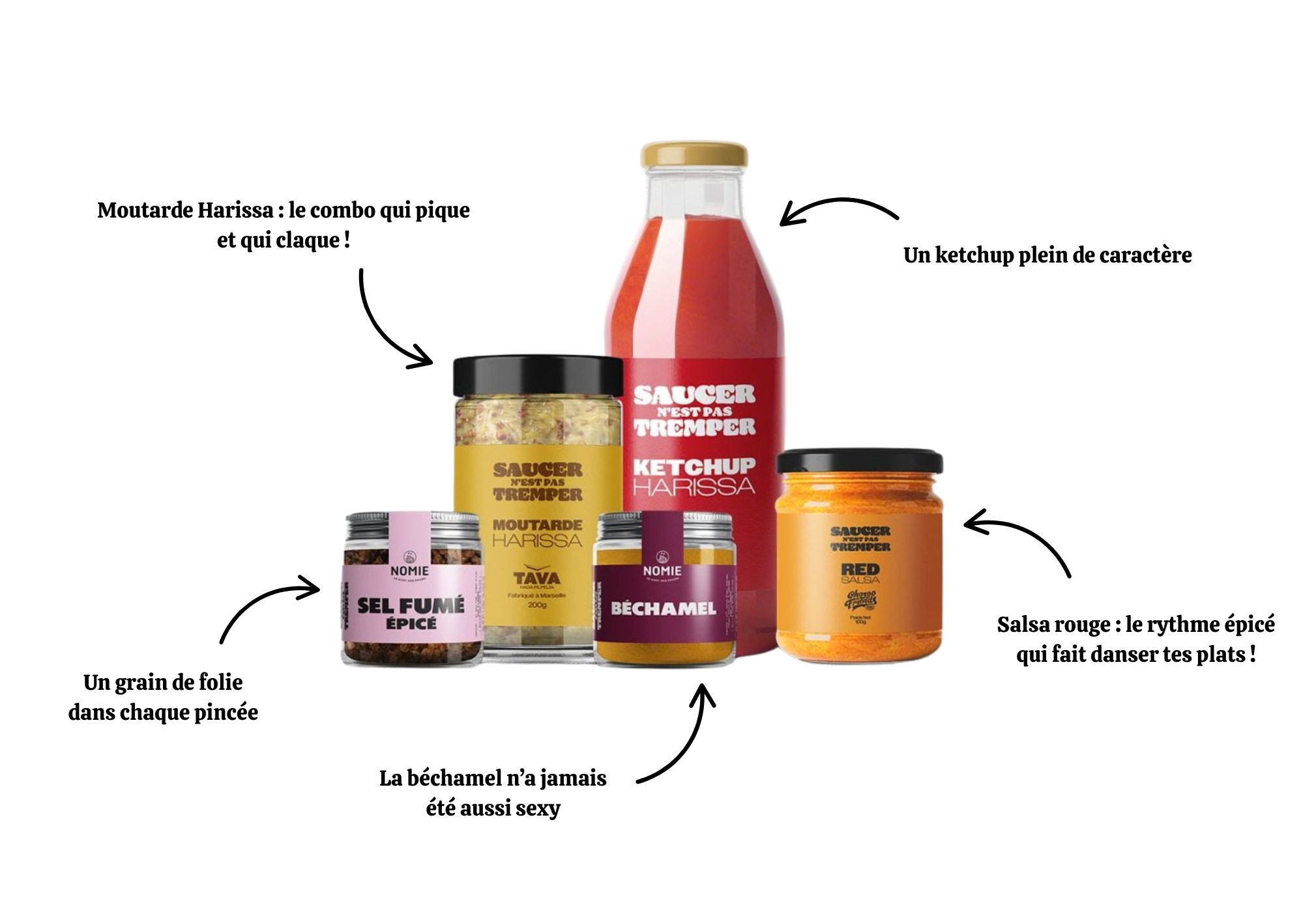 Photo des 5 sauces et condiments inédits créés spécialement pour la sortie du livre : un ketchup harissa, une moutarde harissa, un mélange Béchamel, un sel fumé spicy, une sauce rouge