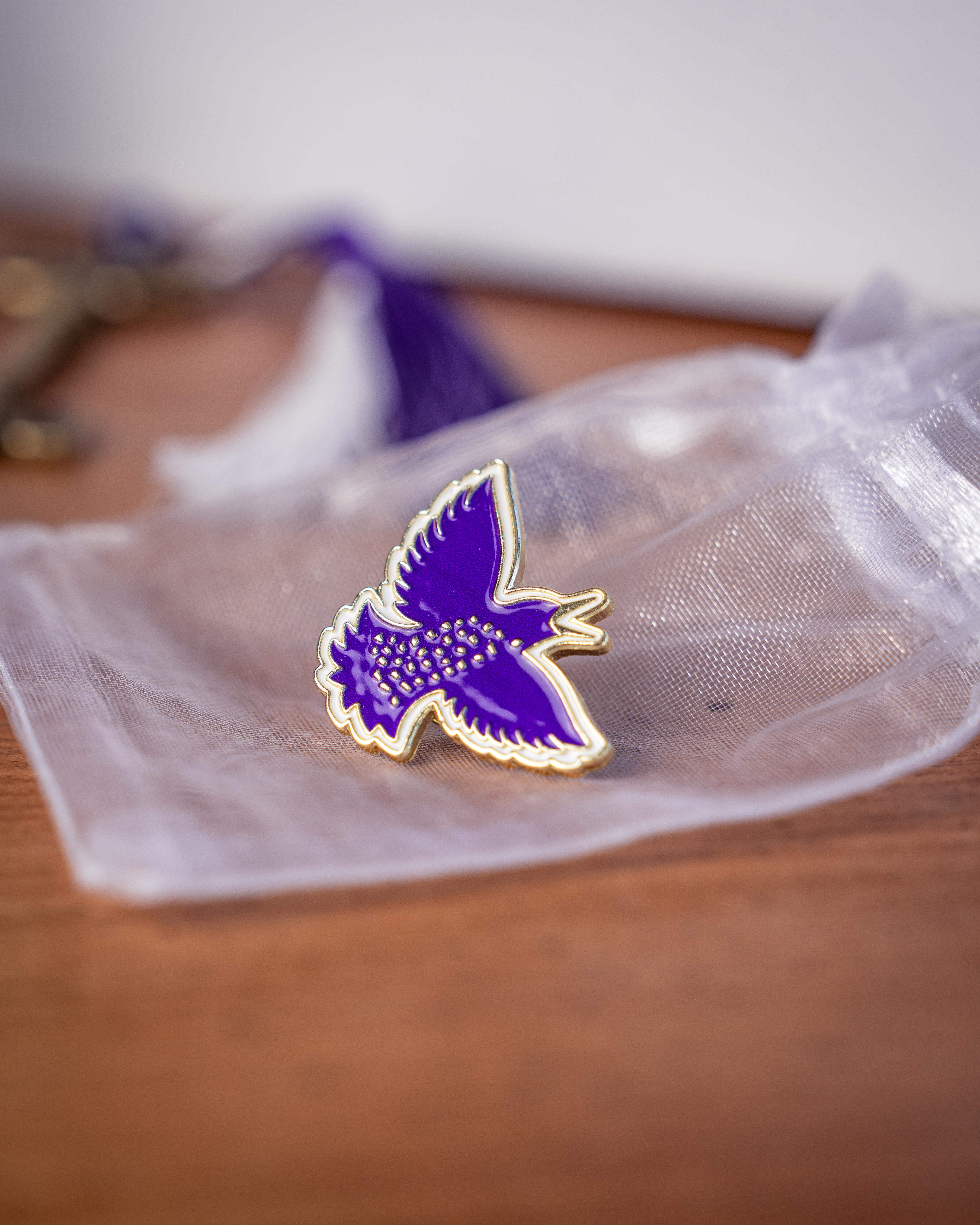 visuel du pin's représentant un étourneau violet et doré
